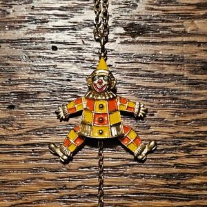 Vintage JJ Jonette Jewelry Articulated Jumping Jack Clown Enamel Necklace Gold